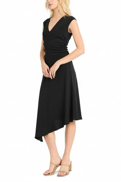 Luxely Y10237M Sleeveless V-Neck Asymmetrical Fit and Flare Midi Dress