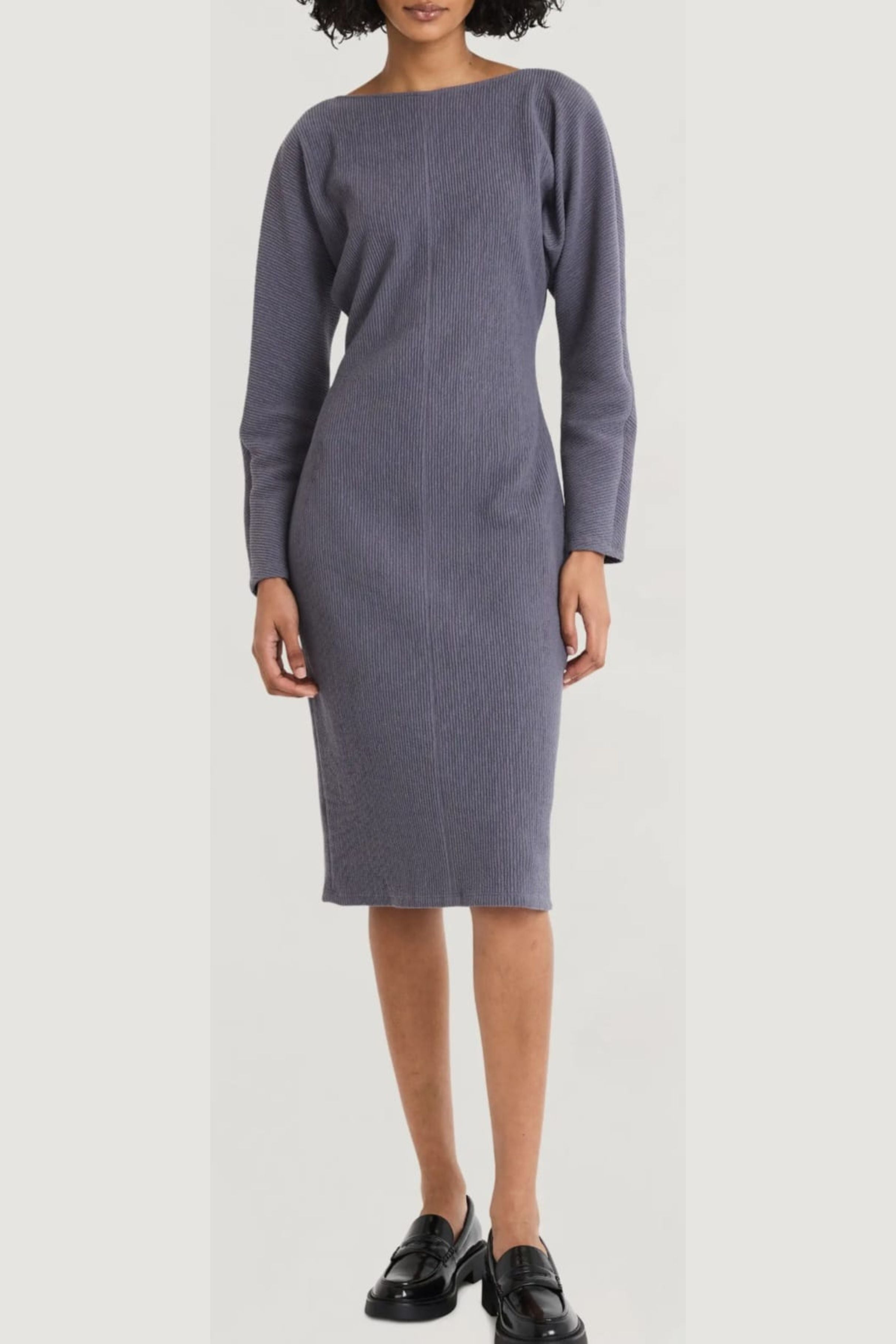 Luxely Y10241M Boatneck Batwing Long Sleeve Textured Jersey Midi Dress