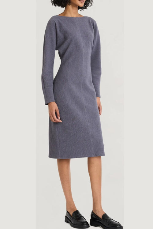 Luxely Y10241M Boatneck Batwing Long Sleeve Textured Jersey Midi Dress