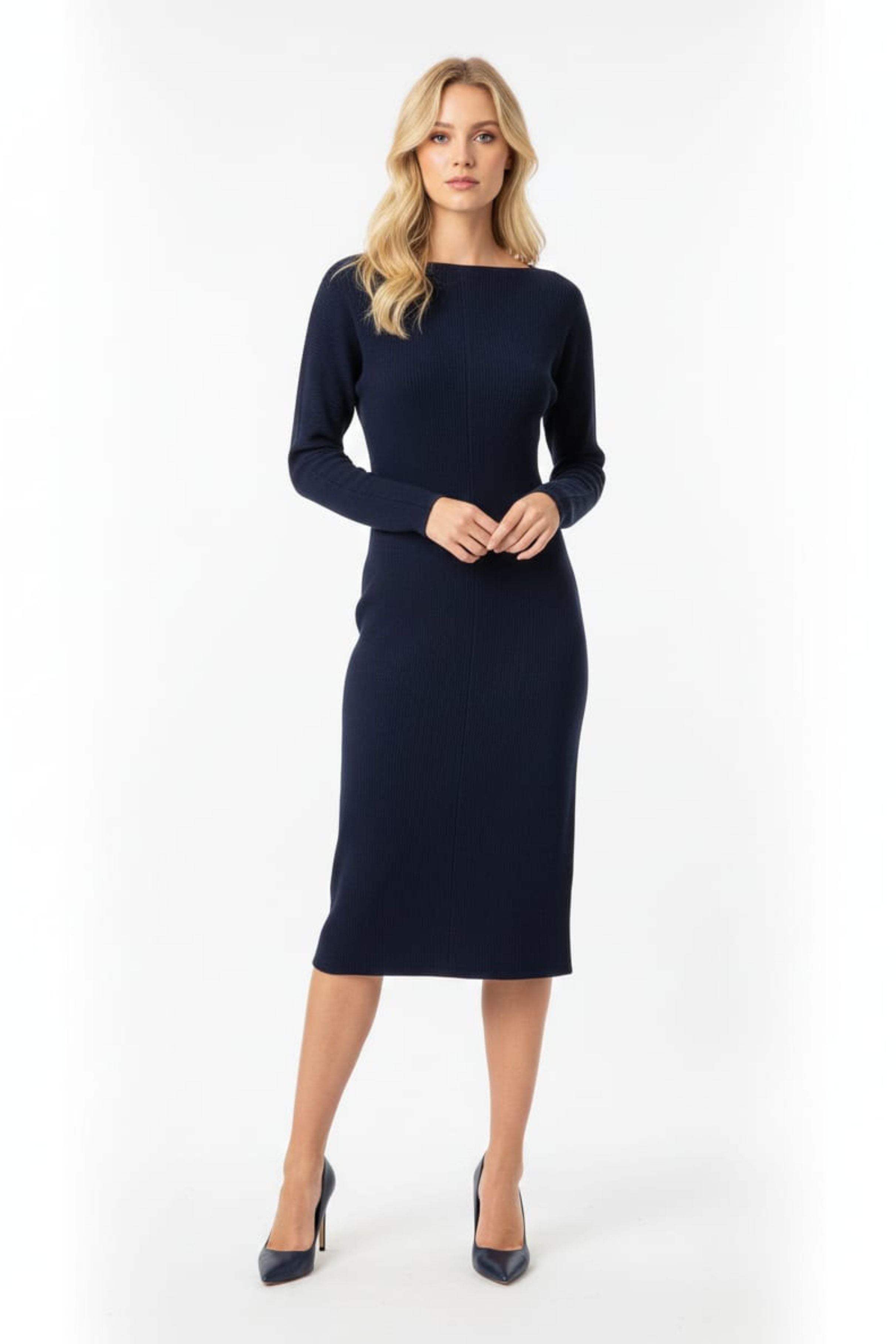 Luxely Y10241M Boatneck Batwing Long Sleeve Textured Jersey Midi Dress