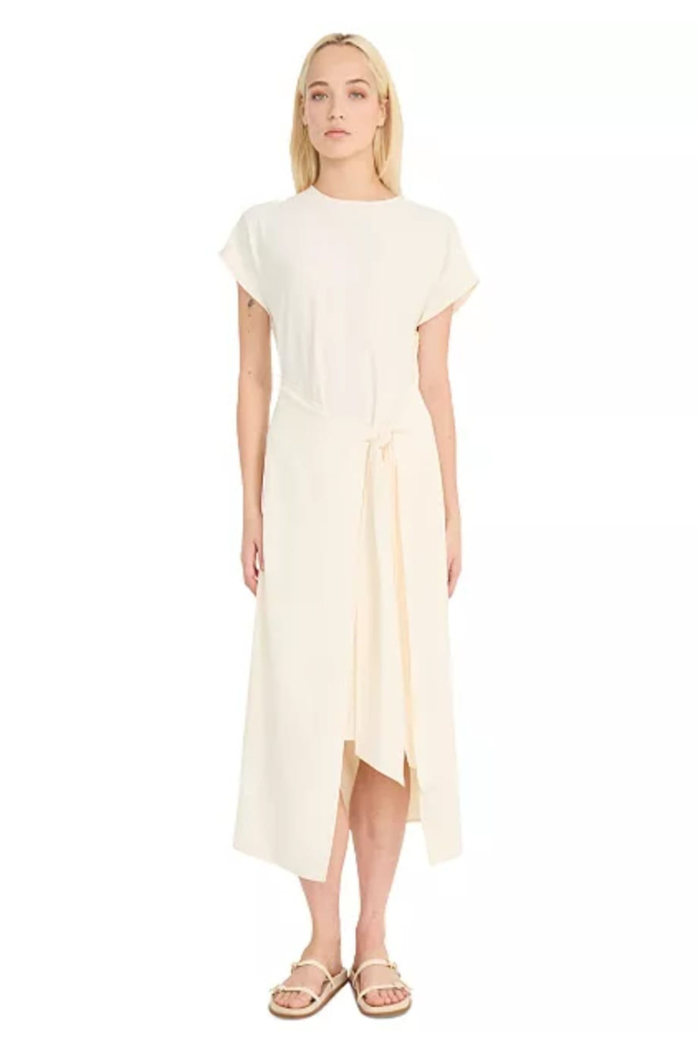 Luxely Y10266M Short Sleeve Wrap Style Stretch Woven Midi Dress with Tie Waist