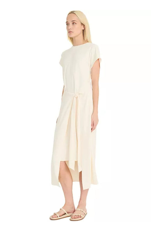 Luxely Y10266M Short Sleeve Wrap Style Stretch Woven Midi Dress with Tie Waist