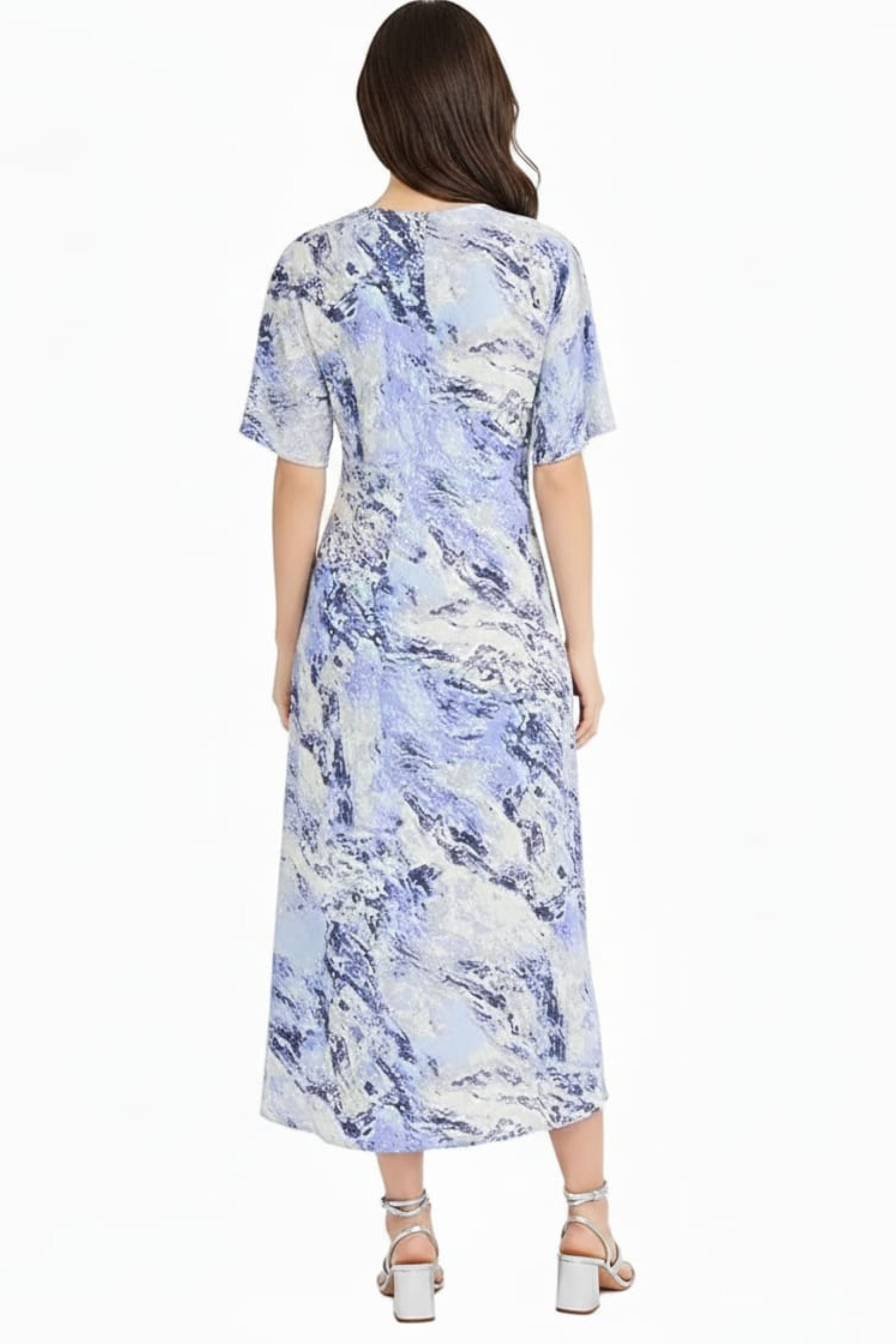 Luxely Y10281M Multi Color Short Sleeve Silky Woven Midi Dress with Flare Sleeves