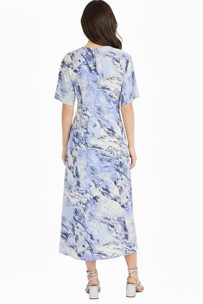 Luxely Y10281M Multi Color Short Sleeve Silky Woven Midi Dress with Flare Sleeves