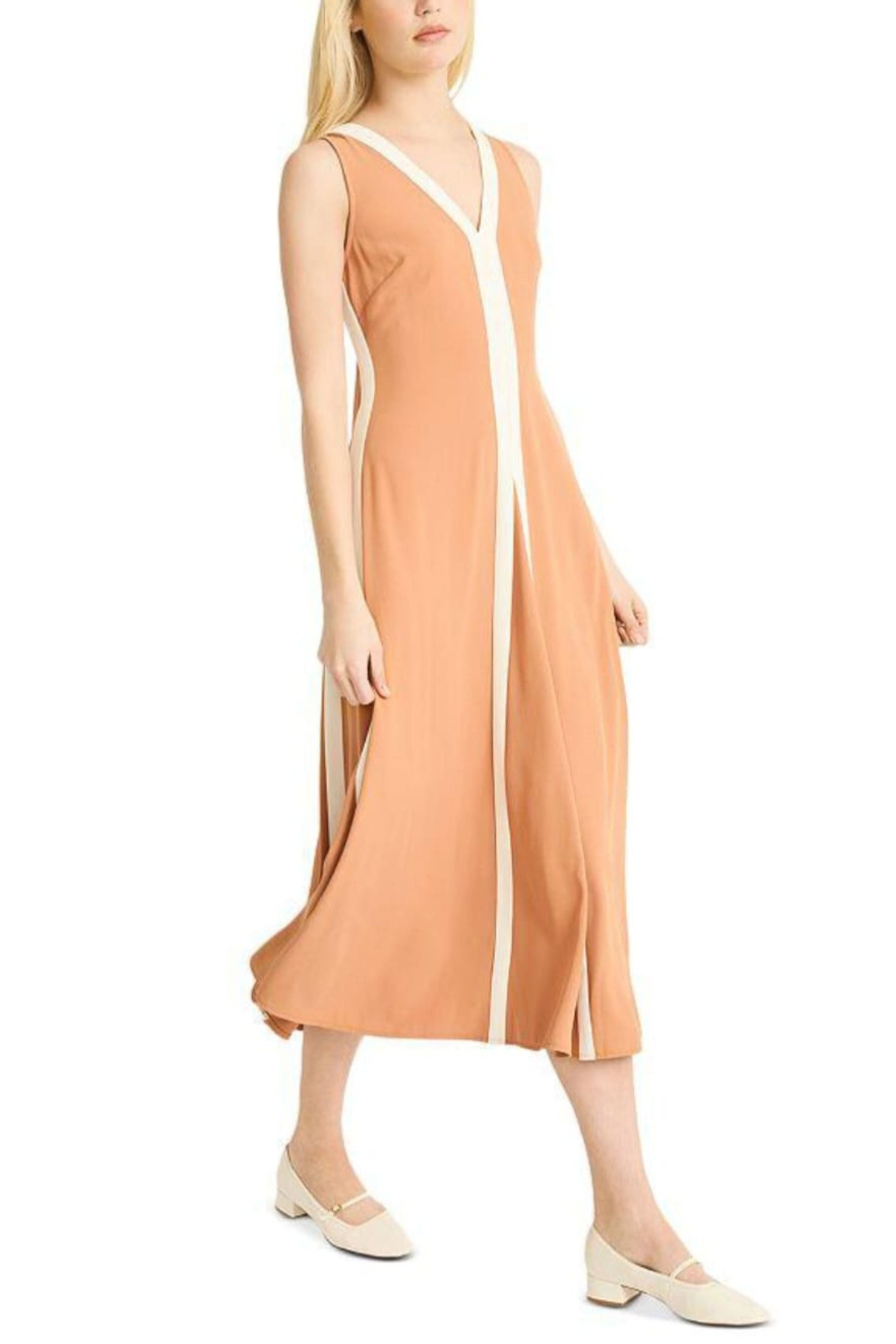Luxely Y10302M V-Neck Color Block Sleeveless Fit and Flare Midi Dress