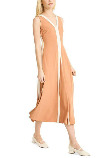 Luxely Y10302M V-Neck Color Block Sleeveless Fit and Flare Midi Dress