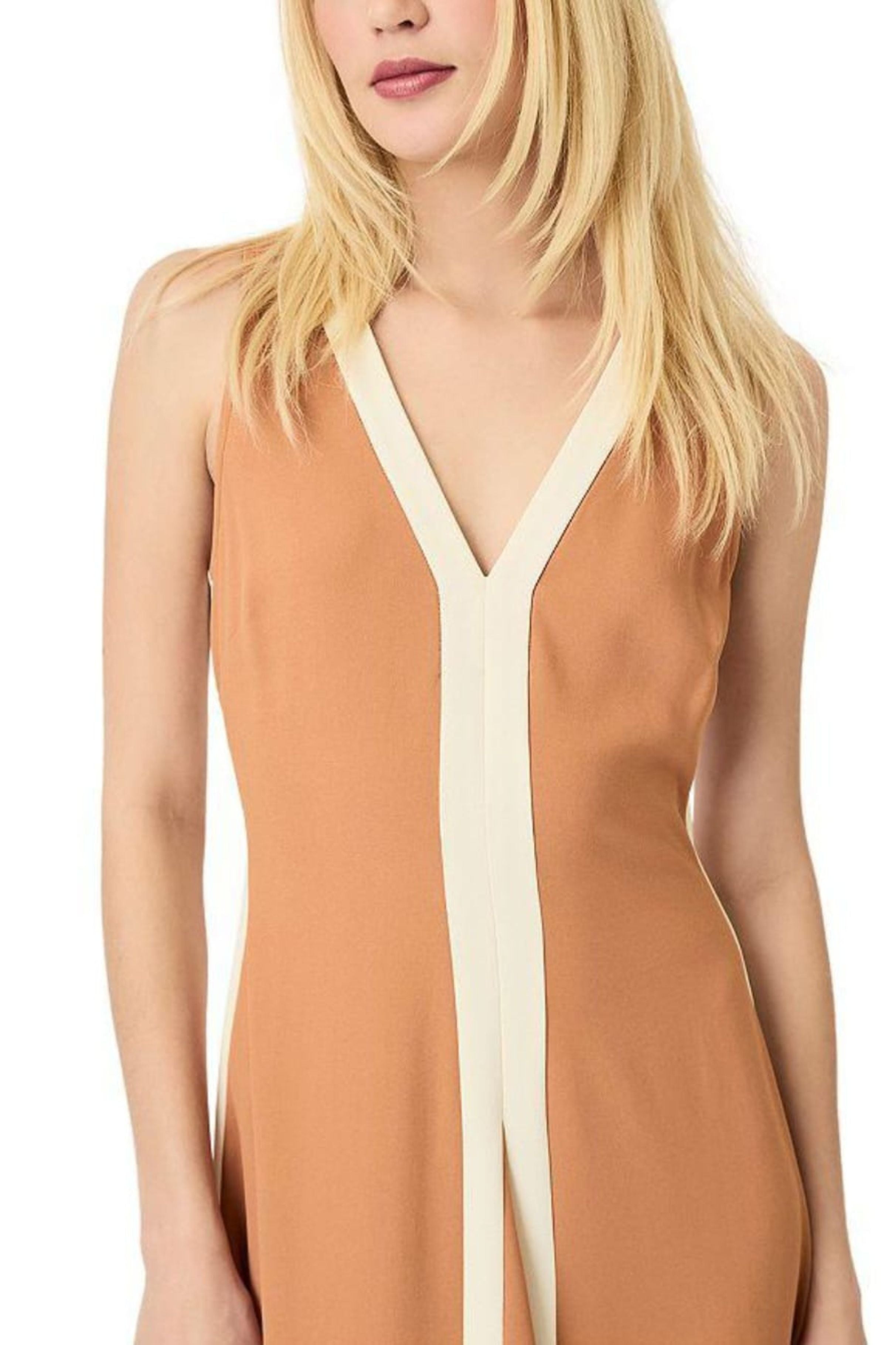 Luxely Y10302M V-Neck Color Block Sleeveless Fit and Flare Midi Dress