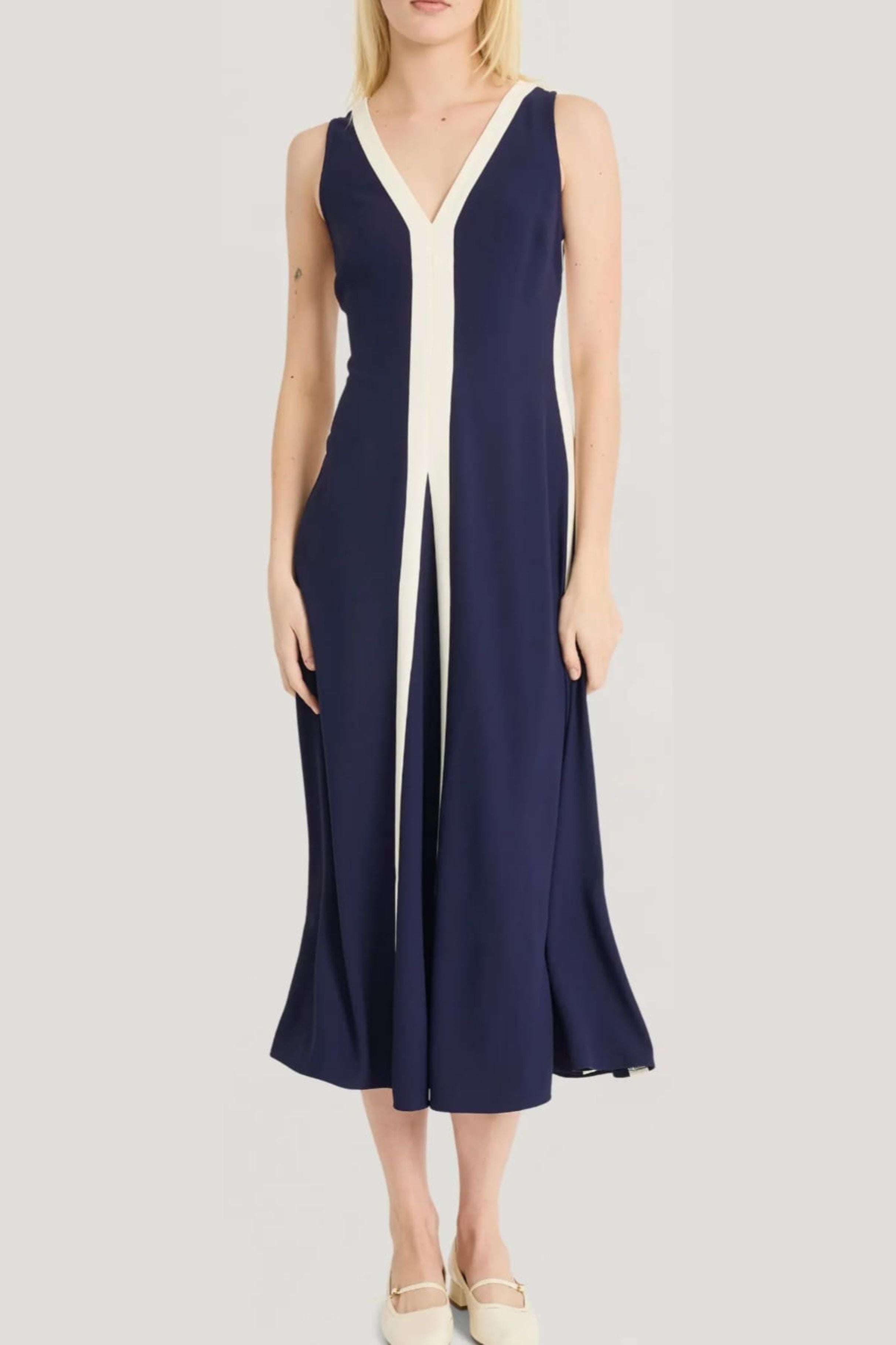 Luxely Y10302M V-Neck Color Block Sleeveless Fit and Flare Midi Dress
