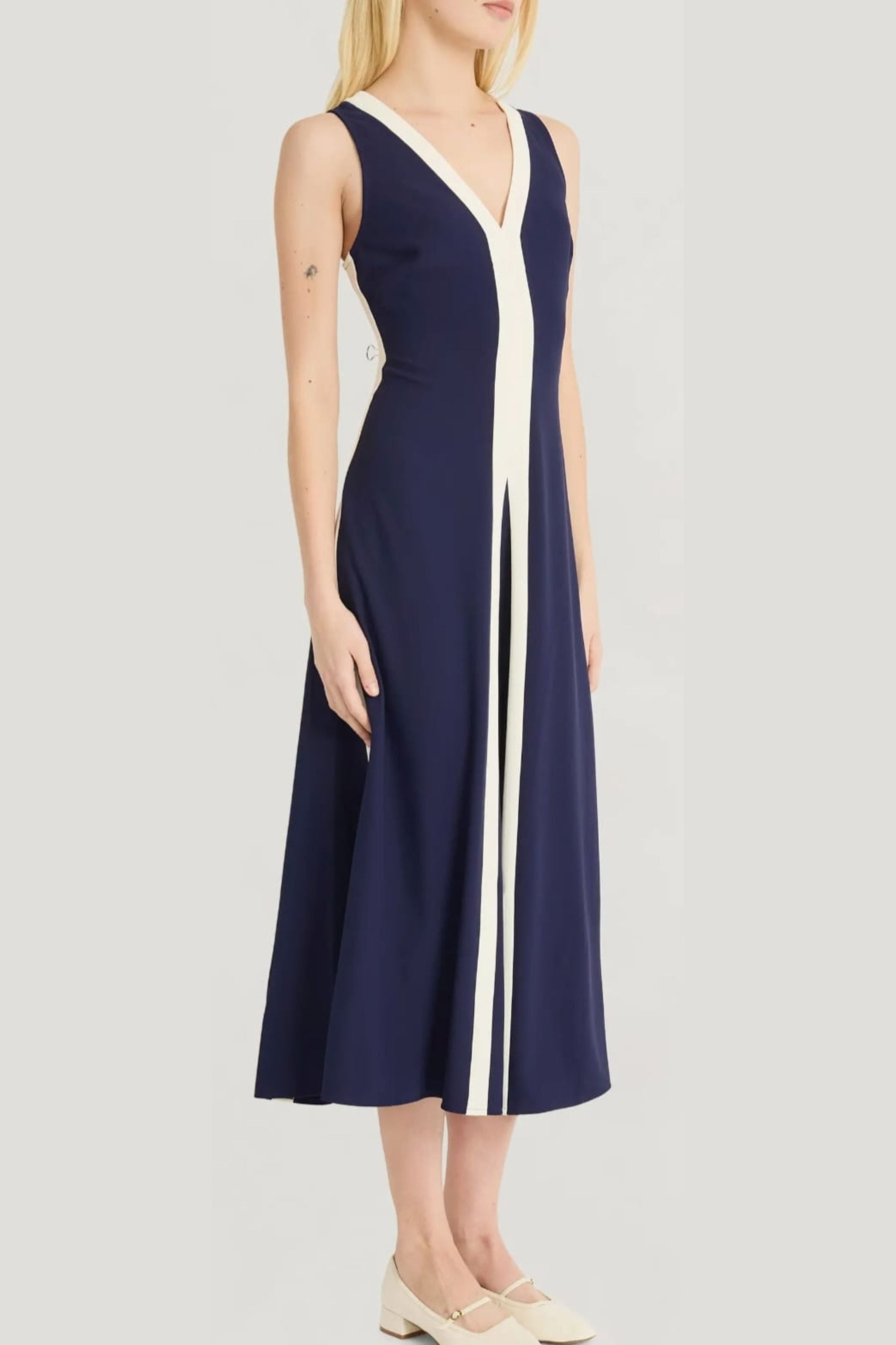 Luxely Y10302M V-Neck Color Block Sleeveless Fit and Flare Midi Dress