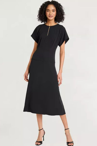 Luxely Y10334M Short Sleeve Drop Waist Midi Dress with Batwing Sleeves and Pleat Detail