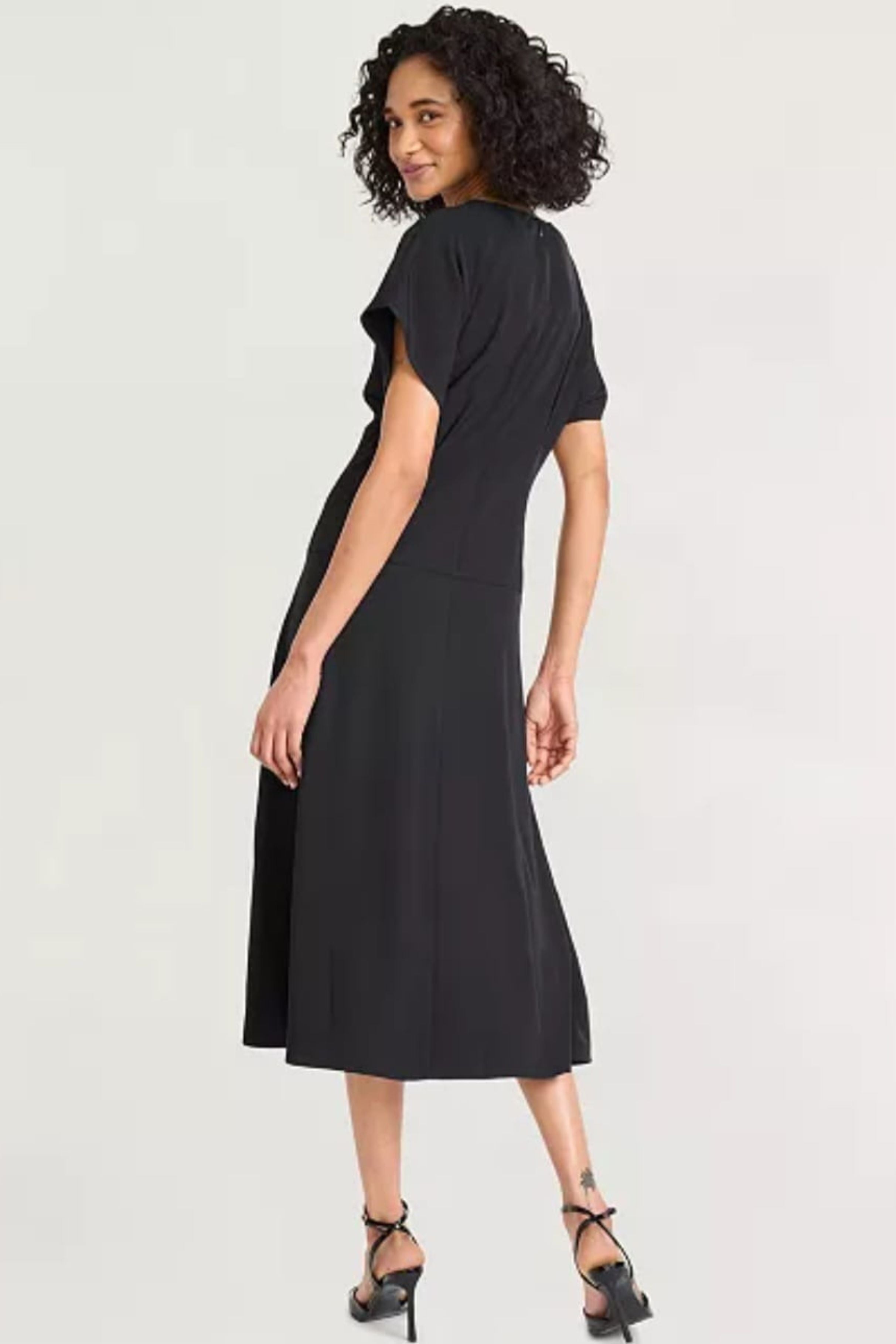 Luxely Y10334M Short Sleeve Drop Waist Midi Dress with Batwing Sleeves and Pleat Detail