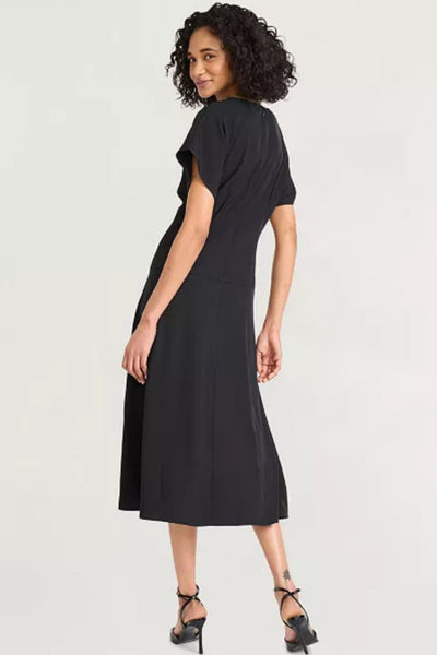 Luxely Y10334M Short Sleeve Drop Waist Midi Dress with Batwing Sleeves and Pleat Detail