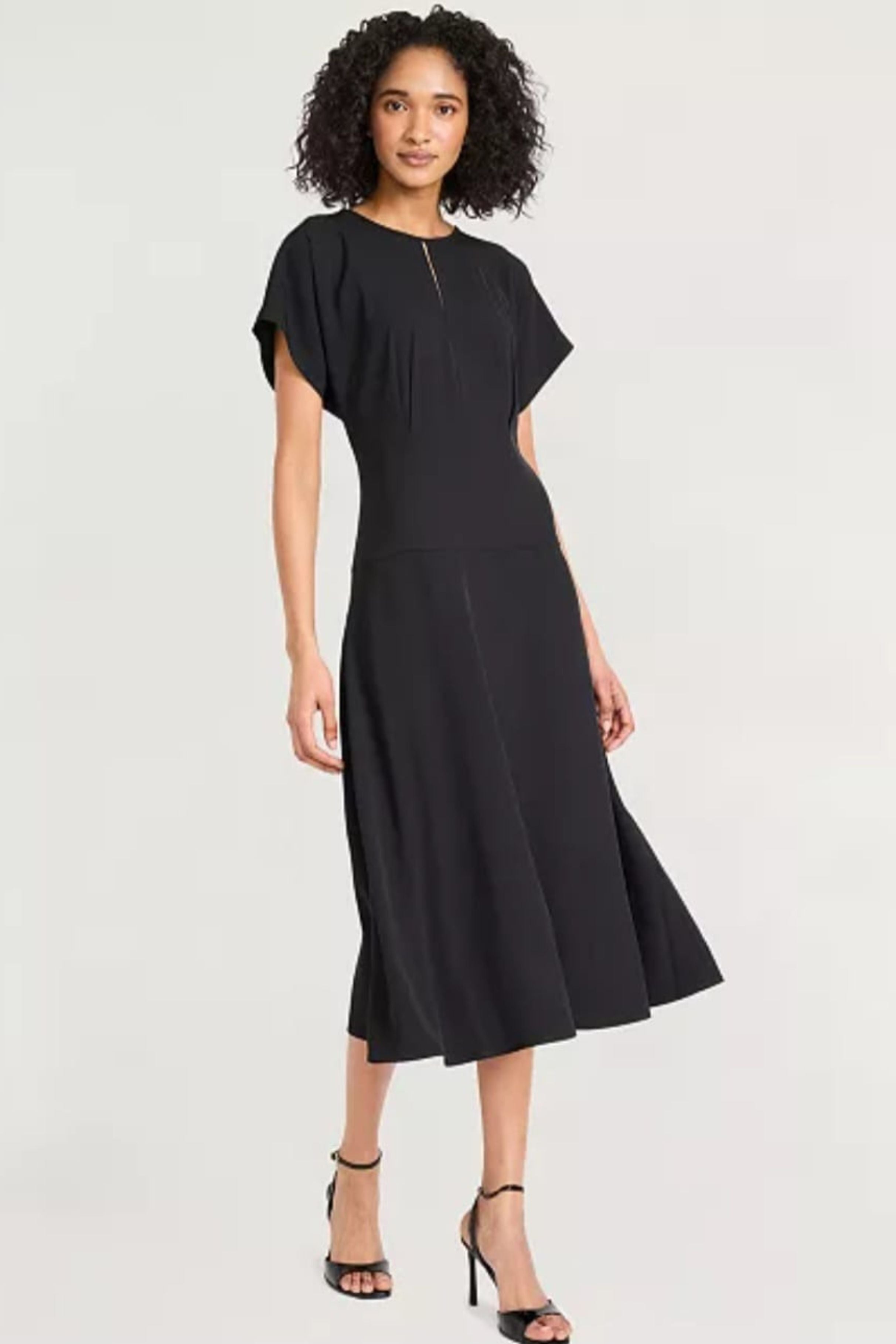 Luxely Y10334M Short Sleeve Drop Waist Midi Dress with Batwing Sleeves and Pleat Detail
