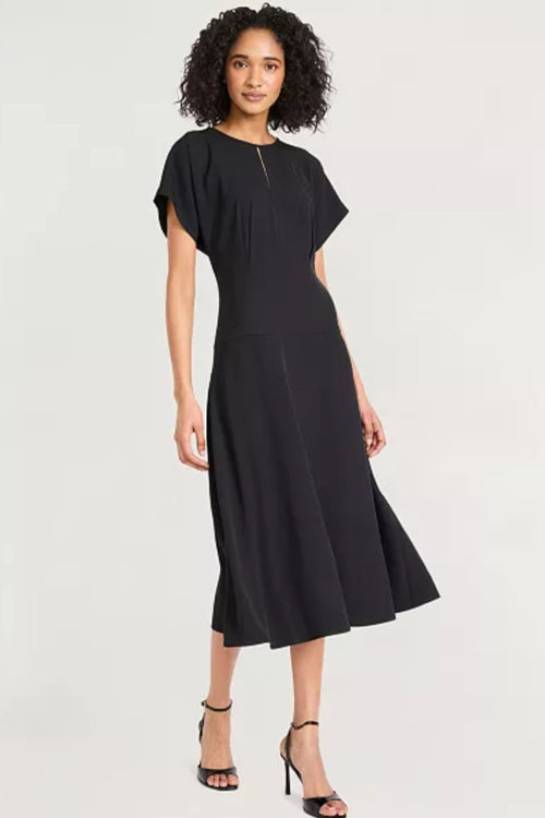 Luxely Y10334M Short Sleeve Drop Waist Midi Dress with Batwing Sleeves and Pleat Detail