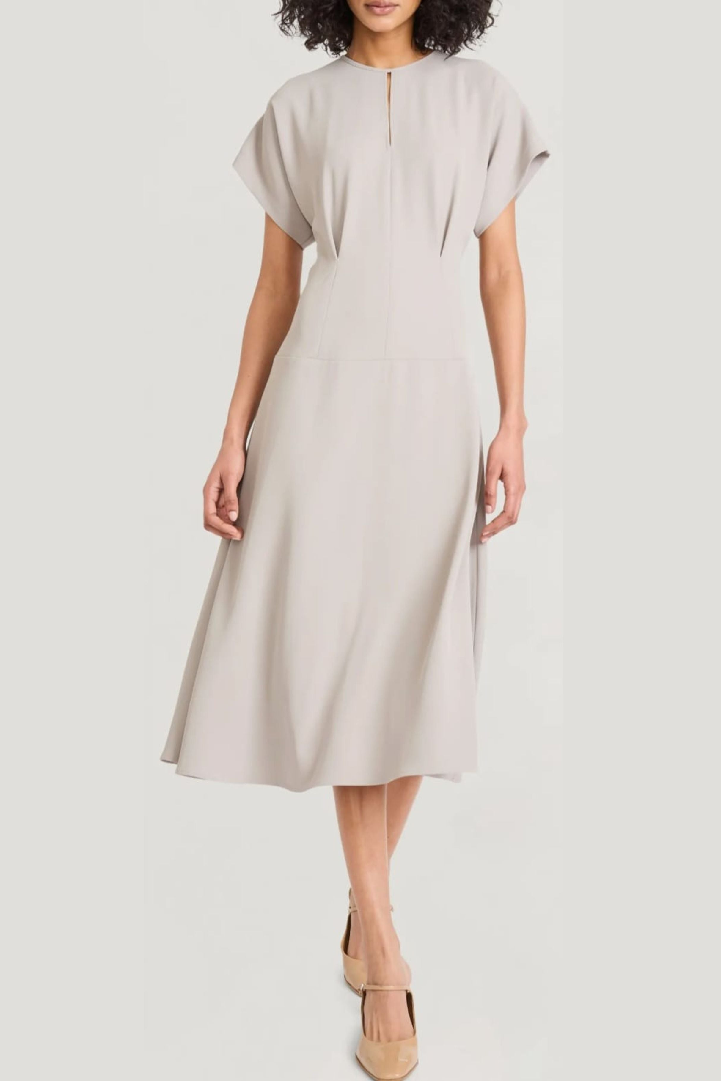 Luxely Y10334M Short Sleeve Drop Waist Midi Dress with Batwing Sleeves and Pleat Detail