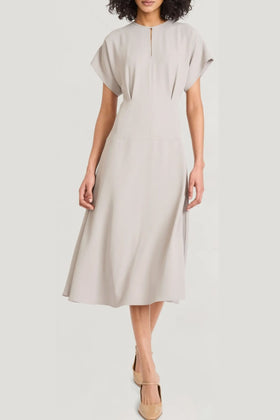 Luxely Y10334M Short Sleeve Drop Waist Midi Dress with Batwing Sleeves and Pleat Detail
