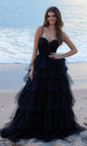 Nox Anabel Y1545: Elegante vestido de fiesta negro con volantes escalonados