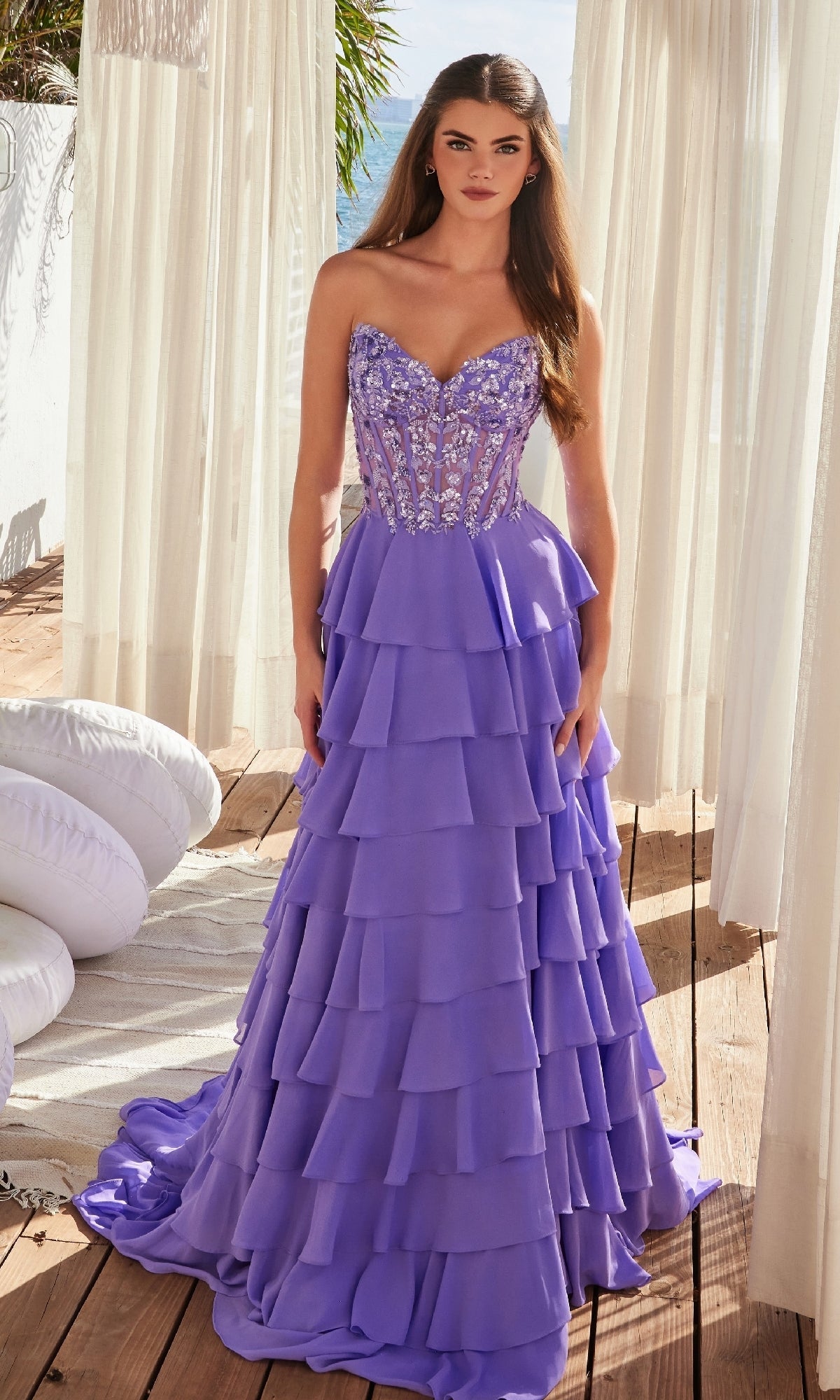 Elegante vestido de fiesta largo sin tirantes con volantes Y1551