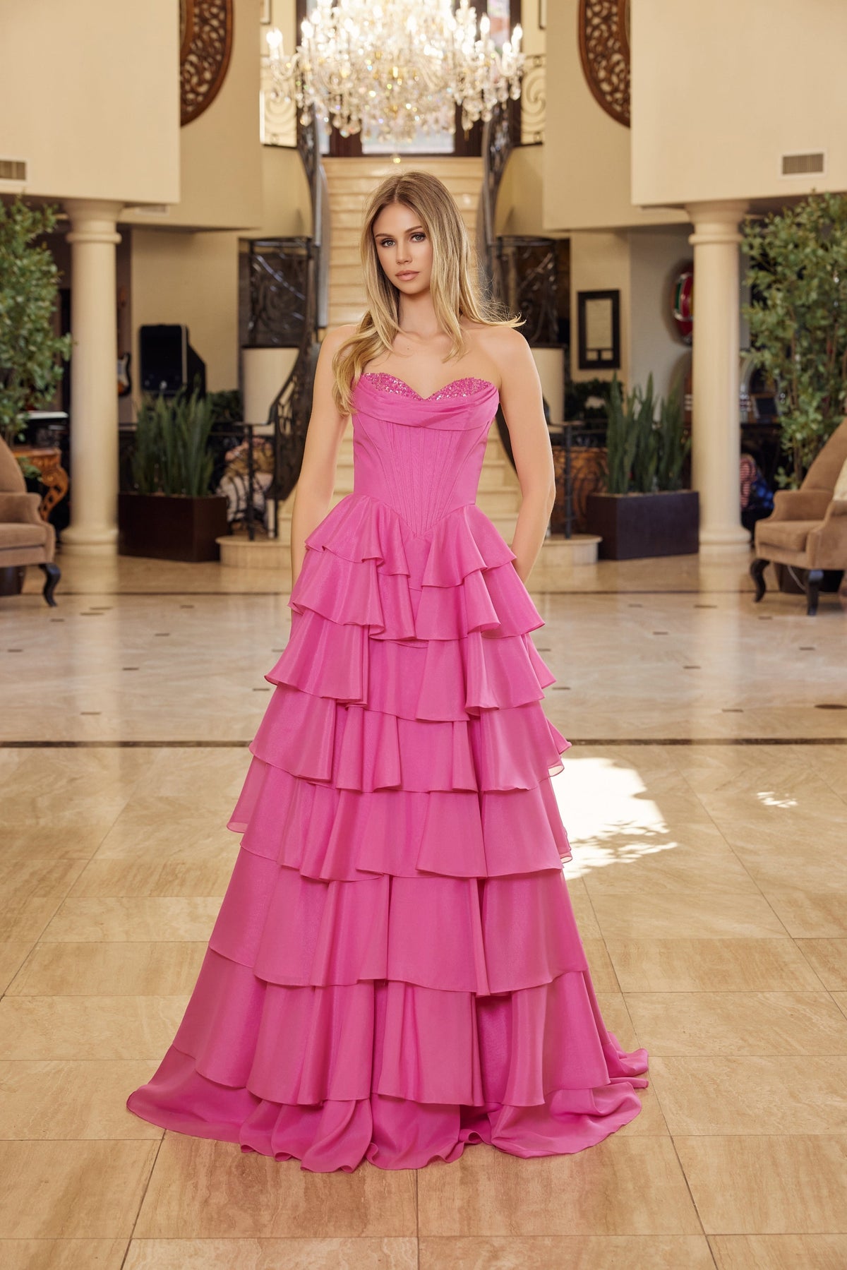 Nox Anabel Y1806 Strapless Beaded A-Line Long Corset Evening Gown with Train