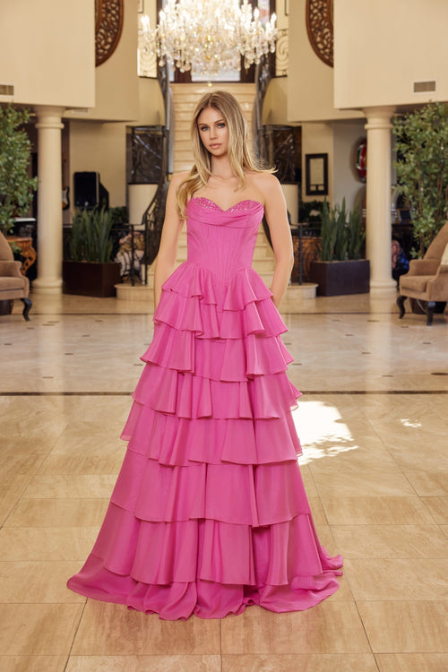 Nox Anabel Y1806 Strapless Beaded A-Line Long Corset Evening Gown with Train
