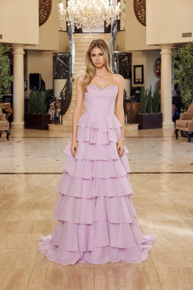 Nox Anabel Y1806 Strapless Beaded A-Line Long Corset Evening Gown with Train