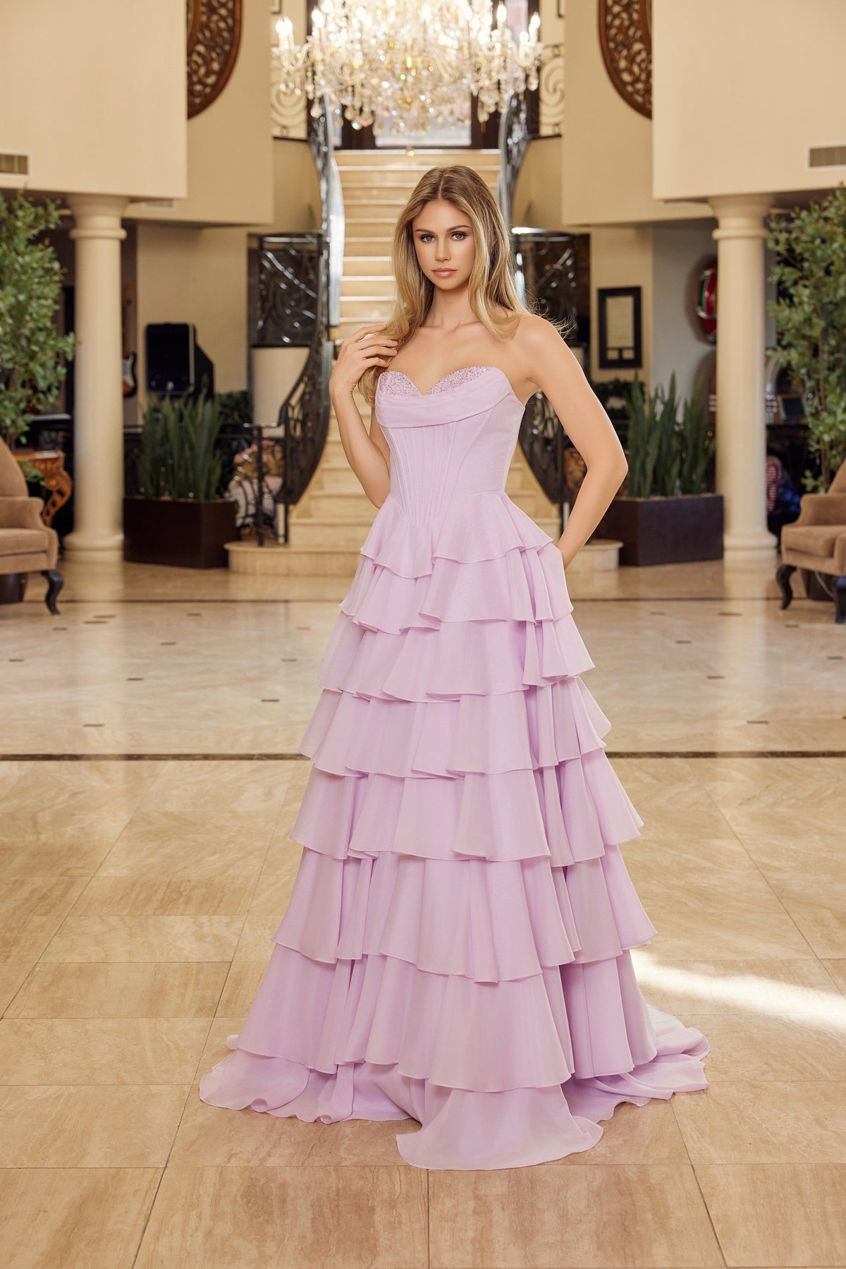 Nox Anabel Y1806 Strapless Beaded A-Line Long Corset Evening Gown with Train