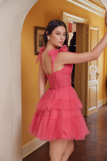 Short A-Line Hoco Dress Y858 with Shoulder Tie & Ruffles