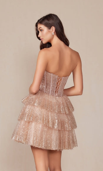 Vestido de fiesta corto sin tirantes con purpurina color champán Y863