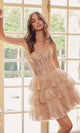 Vestido de fiesta corto sin tirantes con purpurina color champán Y863