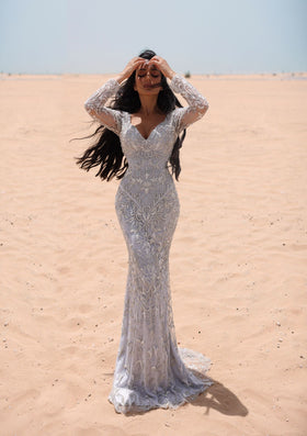 Chic and Holland HF110034 V-Neck Long Sleeve Beaded Evening Gown