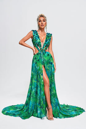 Bella Barnett Yoland Printed Embellished Formal Prom Evening Gown