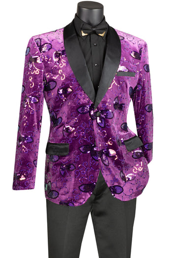Chaqueta de esmoquin de graduación de terciopelo con estampado floral de cachemira y lentejuelas para hombre, corte entallado, en morado