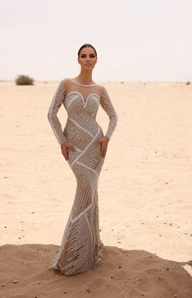 Chic and Holland HF110043 Sweetheart Long Sleeve Beaded Prom Gown