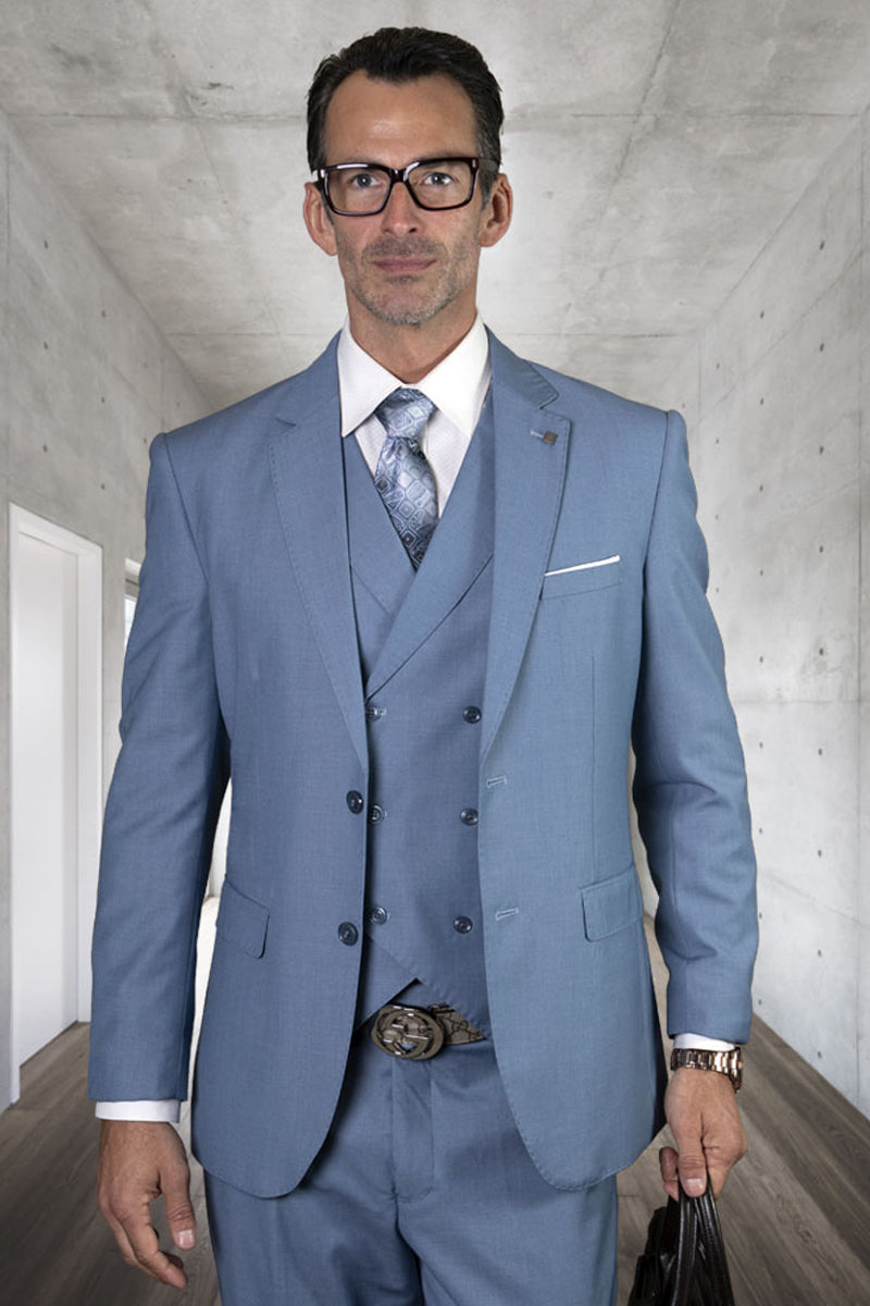 Traje de boda de lana con chaleco cruzado y corte moderno de diseñador para hombre en azul acero