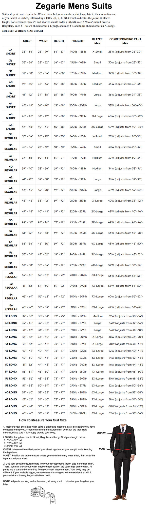 Zegarie Suits Size Chart