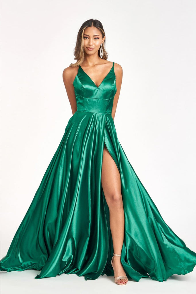 A-line Satin Long Evening Gown - EMERALD GREEN / XS