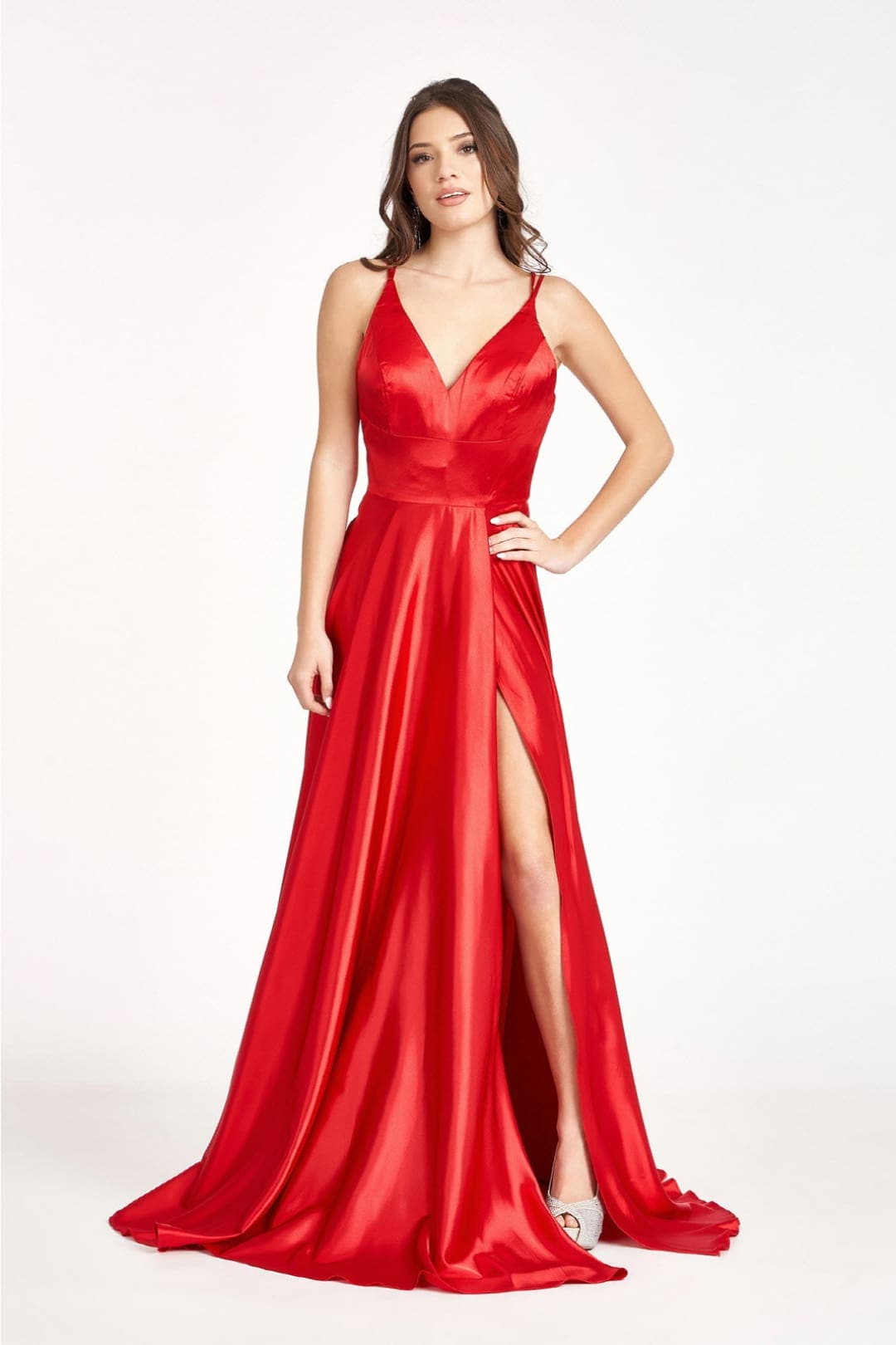 A-line Satin Long Evening Gown - RED / XS