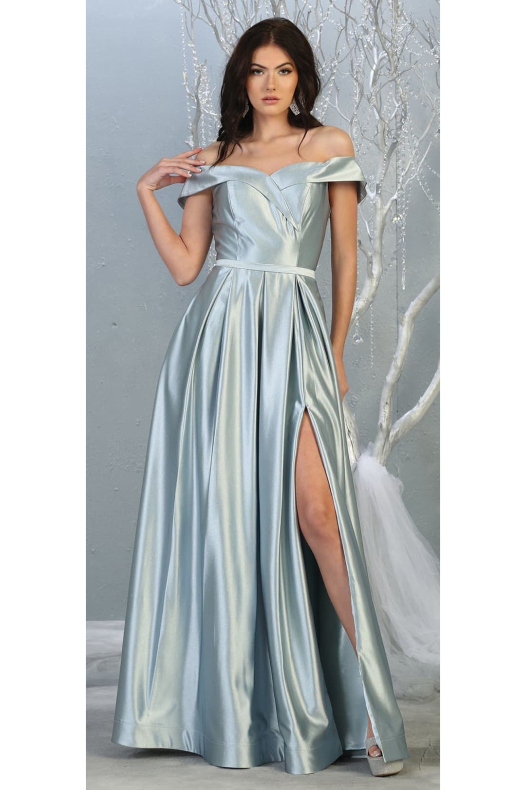 A-line Metallic Formal Unique Dress - DUSTY BLUE / 4