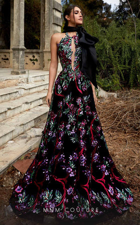 MNM Couture K3951 Black Floral Embroidered Halter Evening Gown