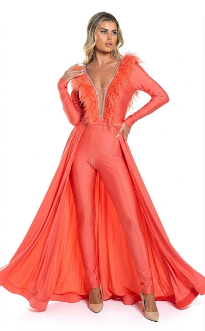 Feather Trim Long Sleeve Jumpsuit Gown with Deep V-Neck & Flowing Overskirt by Jessica Angel 864