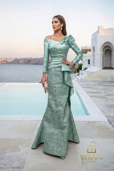 Terani Couture 261M6448 Evening Trumpet Floral Applique Pleated Formal Jacquard Dress