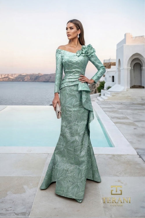Terani Couture 261M6448 Evening Trumpet Floral Applique Pleated Formal Jacquard Dress