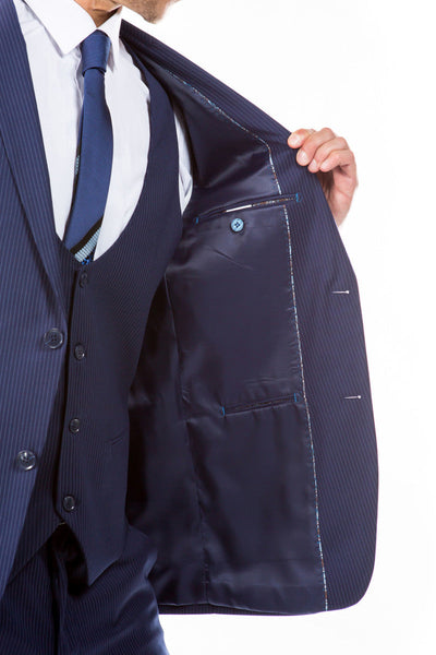 Traje de negocios de raya diplomática micromini de corte híbrido con dos botones y chaleco para hombre en azul marino