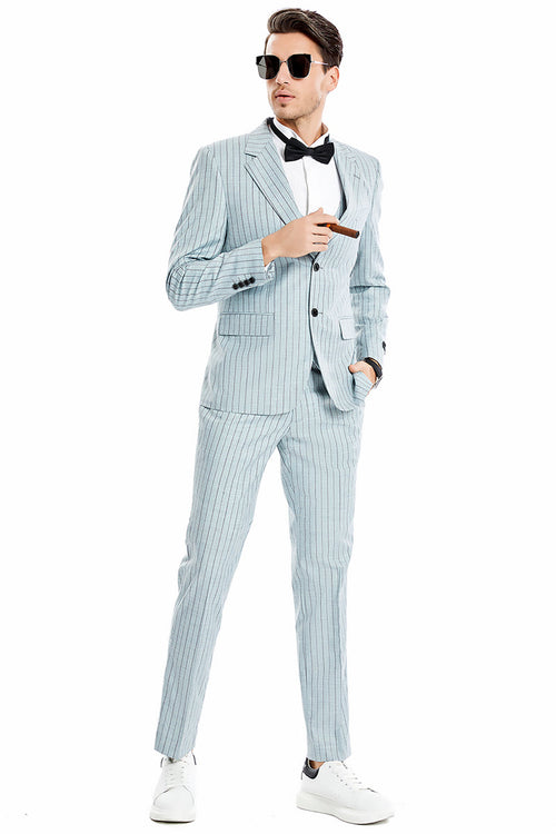 Traje de hombre de raya diplomática estilo vintage con solapa ancha y dos botones en gris menta