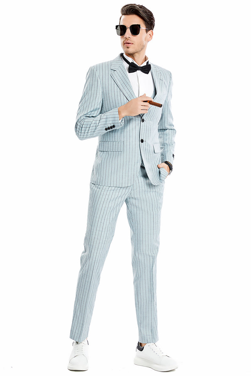 Traje de hombre de raya diplomática estilo vintage con solapa ancha y dos botones en gris menta