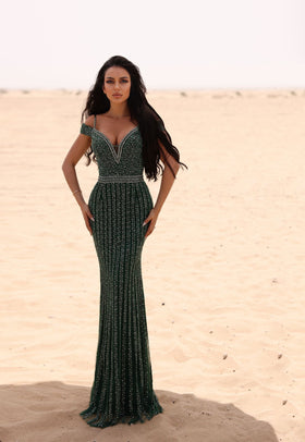 Chic and Holland EW990011 V-Neck Beaded Evening Gown