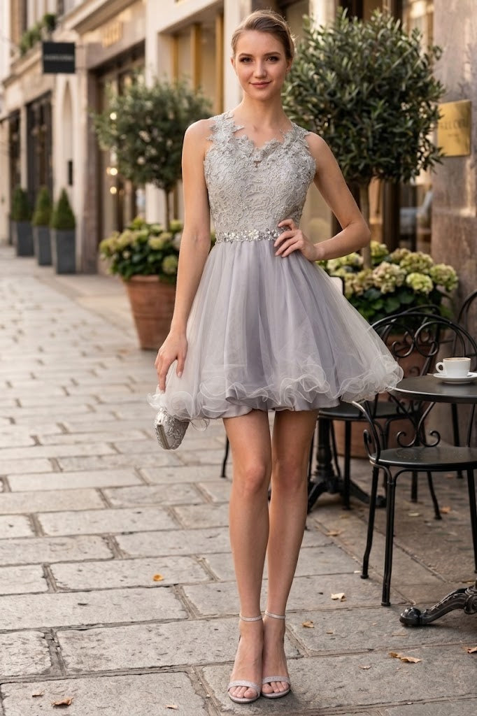 Short Sleeveless Lace Bodice Dress by Elizabeth K GS2375