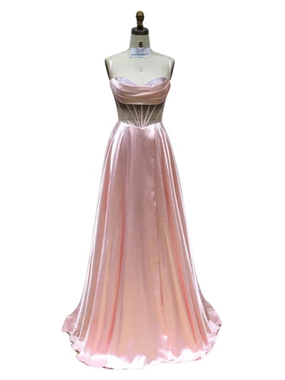 Sleeveless Beaded Corset Bodice Prom Dress High Slit & Pockets Evening Gown by Trevi L2861L