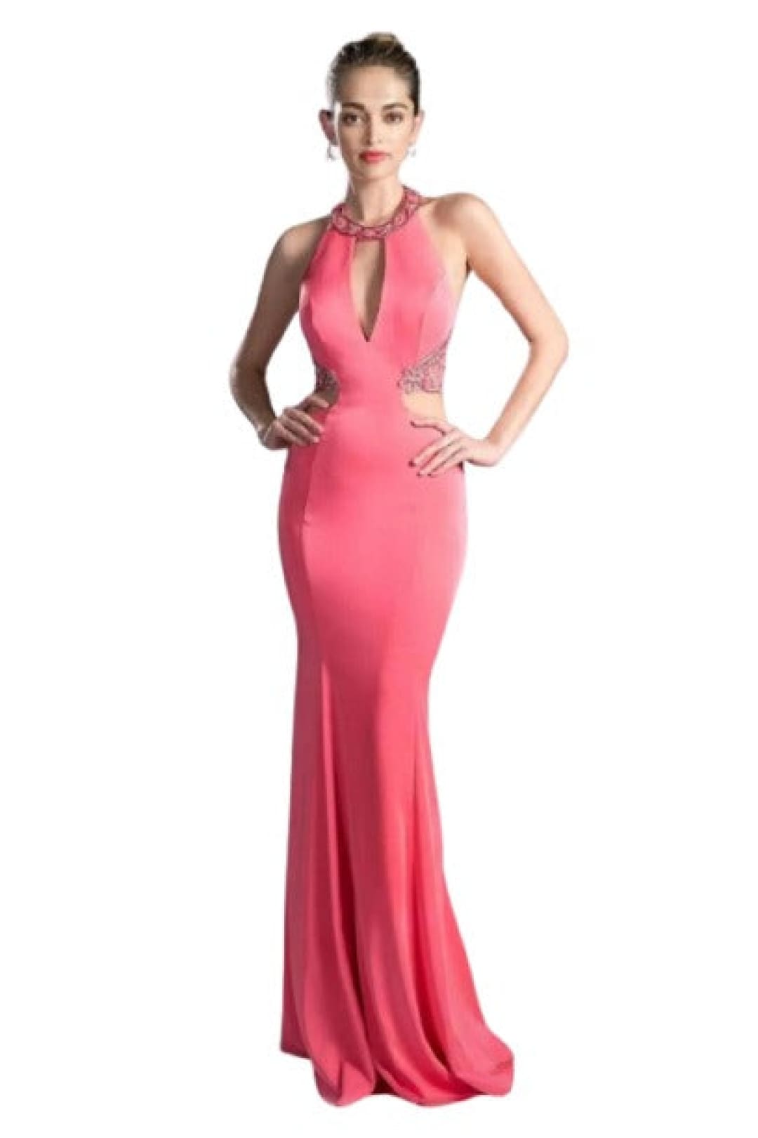 Adorned High Halter Fitted Evening Gown 2025 Elegant Formal Dress - Coral / 2 - Prom