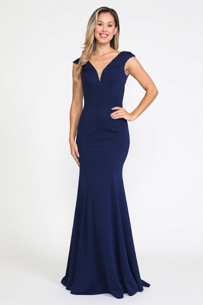 Vestido de noche largo y sencillo de sirena con escote en V para dama de honor, Poly USA 8290